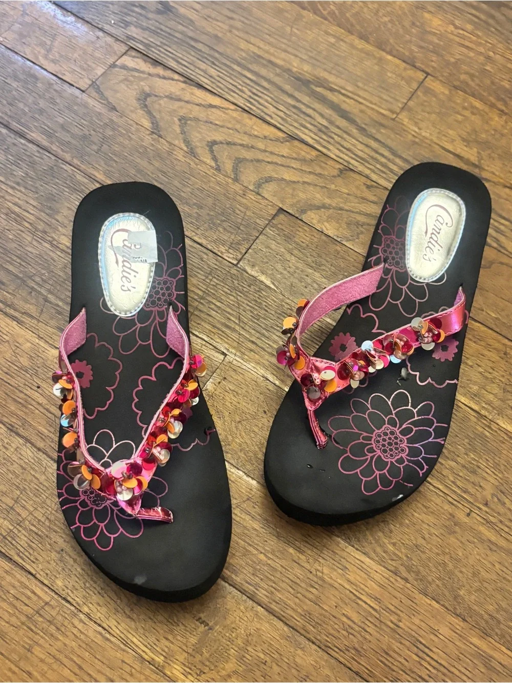 Candie's Black Sandals with Pink Floral Footbed and Beaded Pink Straps